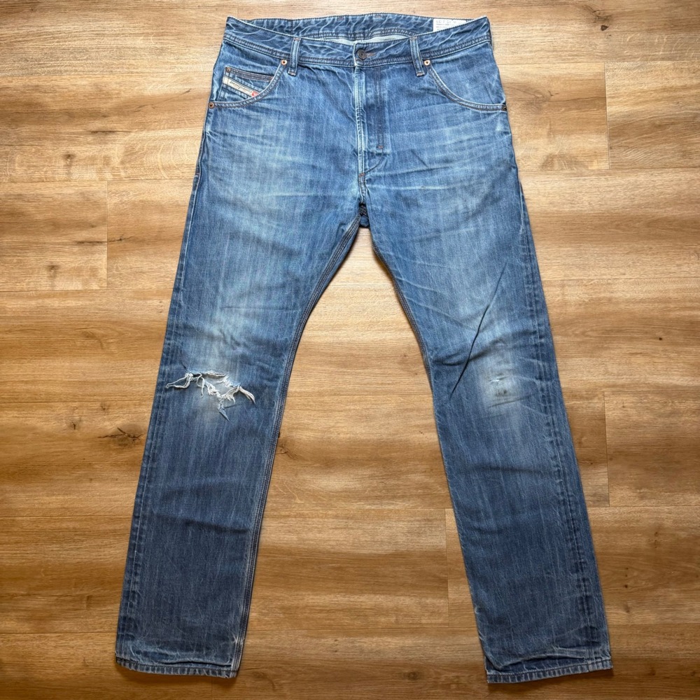Diesel Krooley Jeans Mens 32x32 Blue Regular Slim Carrot Distressed Wash 0880G
